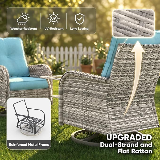 11-Piece Small Patio Furniture Set, Outdoor Swivel Rocking Chairs Set with Ottomans, Patio Bistro Set for Balcony, Deck, Porch, Lake Blue