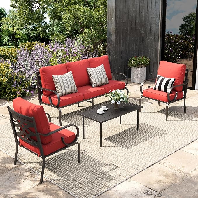Sophia & William Patio Conversation Set for 5, 3-Seater Sofa, 2 Fixed Chairs and a Coffee Table, Metal Outdoor Furniture with 5.75" Extra Thick Cushions, Red