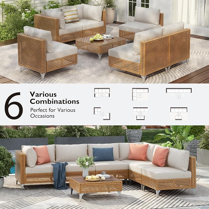 YOPTO 7-Piece Outdoor Conversation Sectional Sofa Set with Water Resistant Thick Cushions & Coffee Table,Wicker Patio Furniture Set W/Removable Cushions Cover,DIY Combination,for Porch,Backyard,Beige