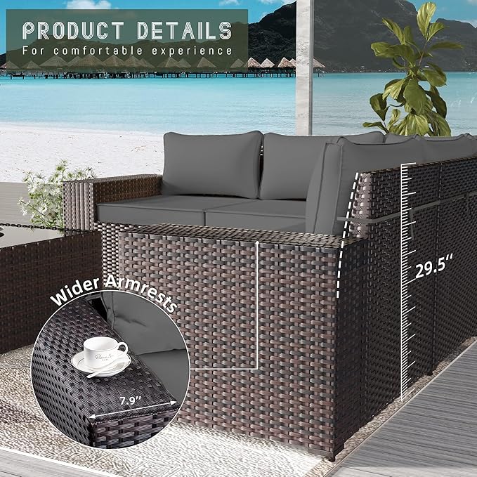 6 PCS Outdoor Patio Furniture Set,Outdoor Sectional Furniture All Weather PE Rattan Wicker Patio Conversation Set with Coffee Table and 5 Thickened Cushions,Grey