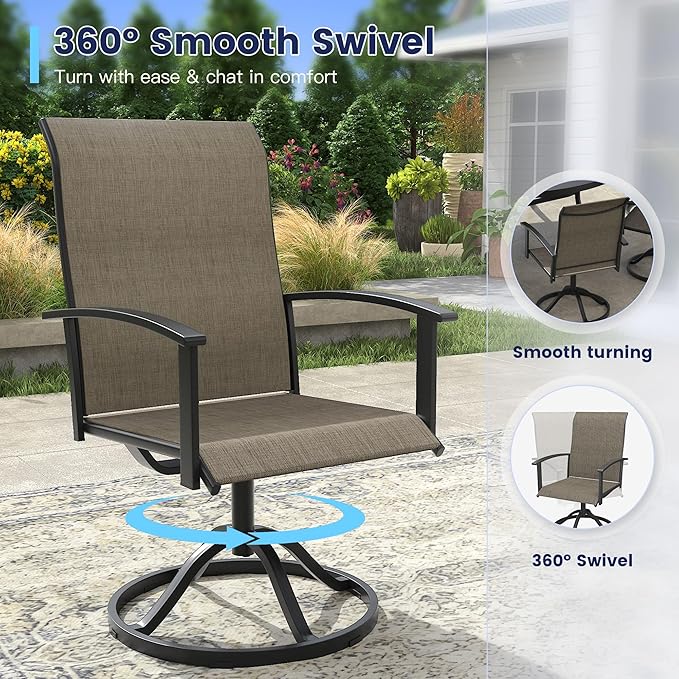 VICLLAX Outdoor Table and Chairs Set for 6, Patio Dining Set of 50" Metal Round Patio Table with Umbrella Hole & 6 Swivel Outdoor Dining Chairs for Backyard Lawn, Mixed Brown & Walnut