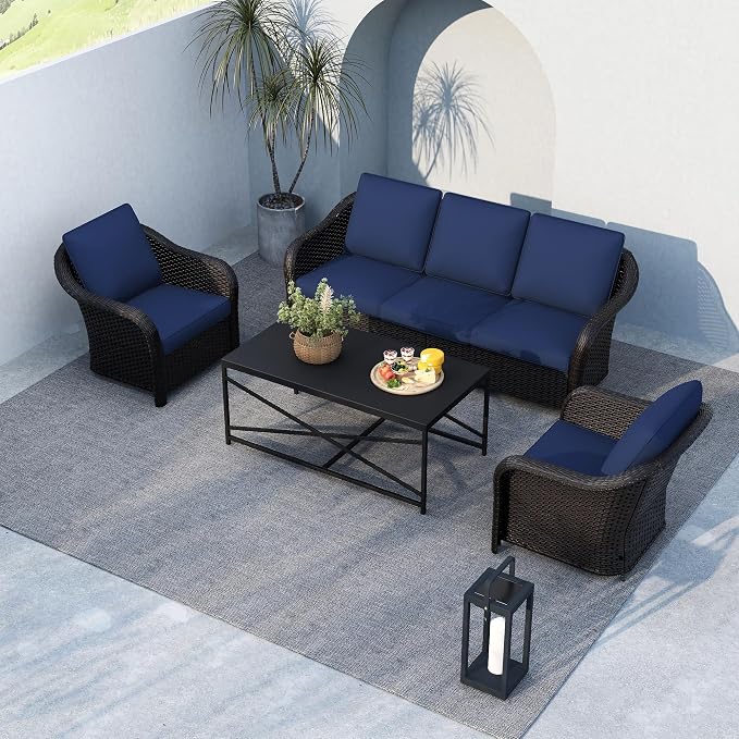 4 Pieces Patio Outdoor Conversation Furniture Set, 78" 3-Seat Couch, 2 Chairs, 47" Metal Coffee Table, Rattan Wicker Sofa with Washable Cushions for Garden, Deck (Navy Blue)