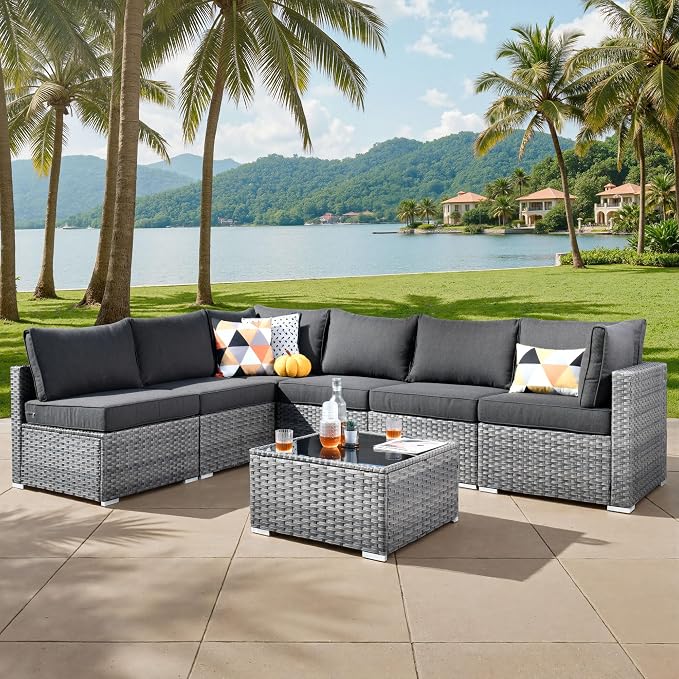 ovios Outdoor 7 Piece Coversation Set with Coffee Table,Sectional Patio Furniture Set with All-Weather Wicker Sofa,Modern Outside Couch for Balcony Backyard Pool, Black