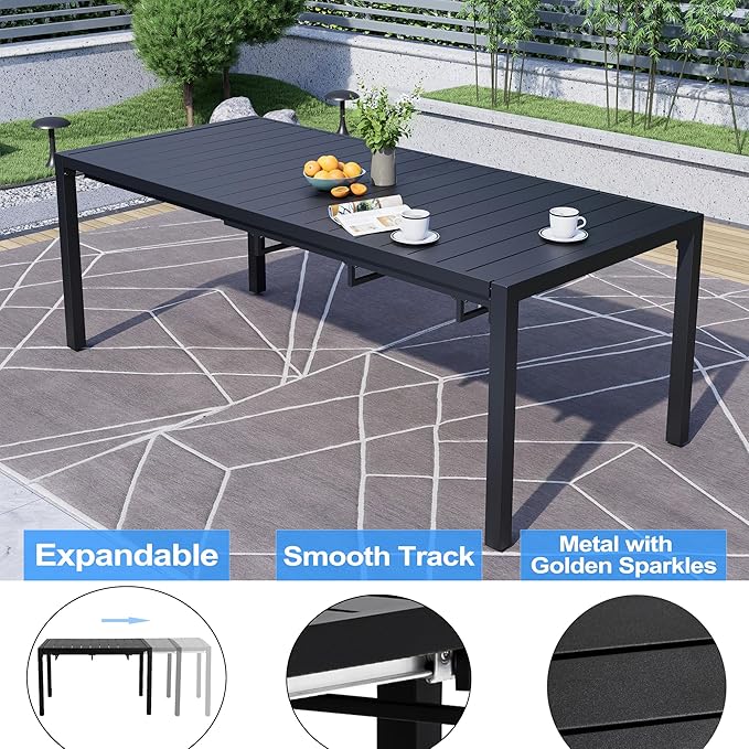 MEOOEM Outdoor Patio Dining Sets for 8, Outdoor Expandable Long Tables and Blue Swivel Chairs Set of 8, All Weather Heavy Duty 9-Piece Outdoor Patio Table and Chairs for Garden, Backyard