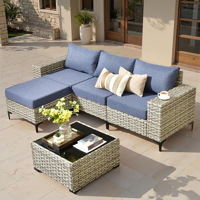 ovios 5-Piece Patio Furniture Set with L-Shape Sofa Chaise, Outdoor Sectional Couch Coffee Table, Modern Modular Wicker Rattan Conversation Set, Denim Blue