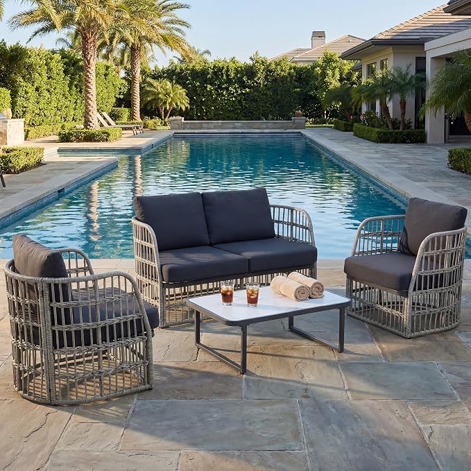 4 Piece Patio Furniture Set, Modern Patio Conversation Set for 4, Rattan Patio Sectional Sofa with Cushions, Backyard Furniture Outdoor Couch with Coffee Table for Deck/Balcony/Porch, Grey