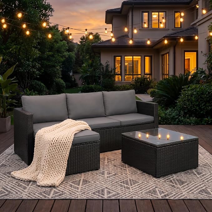 SUNLEI 3 Piece Patio Furniture Set, Outdoor PE Rattan Sectional Sofa Set with Ottoman, Detachable Cushions and Glass Coffee Table, Patio Conversation Set for Backyard Balcony Porch, Black Rattan/Grey