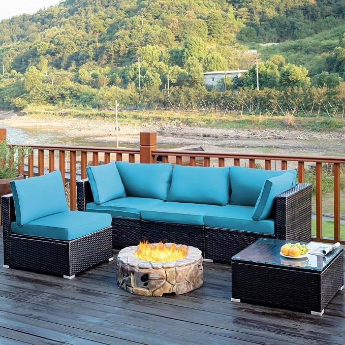 COSTWAY 5-Piece Outdoor Patio Furniture Set, PE Rattan Sofa Chairs with Cushions and Tempered Glass Coffee Table, Conversation Sofa Set for Backyard Garden (Turquoise)