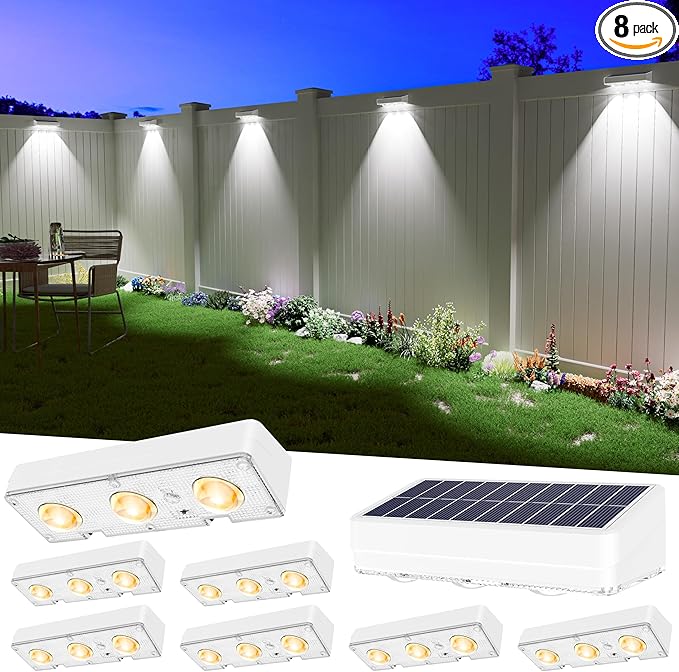 JOFIOS Solar Fence Lights Outdoor Waterproof Led, 8 Pack,1300mAh, 6 Inch Solar Lights for Fence with Warm White & RGB 8 Colors,Outdoor Fence Light Decor for Patio, Backyard, Deck, Railing(White)