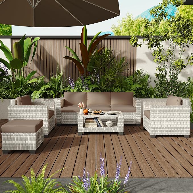 KIGOTY Patio Furniture Set 7 PCS Patio Conversation Sets, All-Weather PE Rattan Outdoor Sectional Sofa with Cushion and 2- Tier Glass Coffee Table（Grey White/Camel）