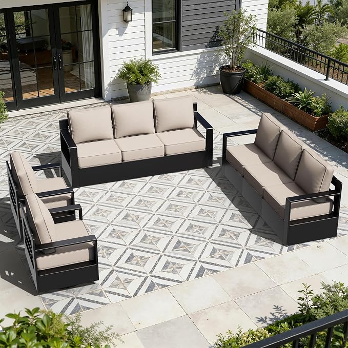 Outdoor Aluminum Furniture Set, 4-Piece Patio Conversation Set, 2 Swivel Chairs and 2 Sofa, All-Weather Metal Frame, 6" Thick Removable Cushions, Deep Setting for Garden, Poolside and Porch