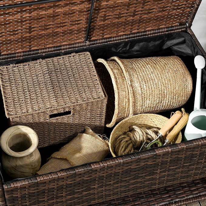 Outdoor Deck Box Shoe Storage, PE Rattan Wicker Towel Rack with Liner for Indoor, Outdoor, Patio Furniture Cushions, Pool, Toys, Garden Tools, Brown