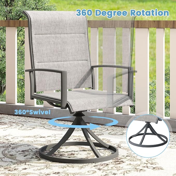DIFY 5 Pieces Outdoor Patio Dining Set, 4 Grey Padded Textilene Swivel Dining Chairs and 40.6" Grey Wood-Like Round Metal Dining Table, Outdoor Table and Chairs for Poolside Backyard Deck
