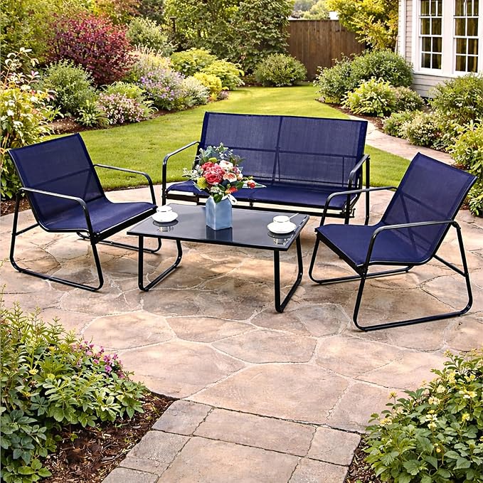 Kozyard Sofia 4-Piece Patio Conversation Set, Outdoor Furniture Set with Loveseat, 2 Chairs & Table, Breathable Textilene Seating, Powder-Coated Metal Frame, All-Weather for Balcony Backyard Navy Blue