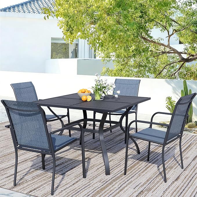 5 Piece Patio Dining Set for 4, 37.5” Black Square Table with Umbrella Hole and 4 Dark Blue Patio Stackable Chairs, Patio Table and Chairs for Backyard, Lawn, Deck & Garden