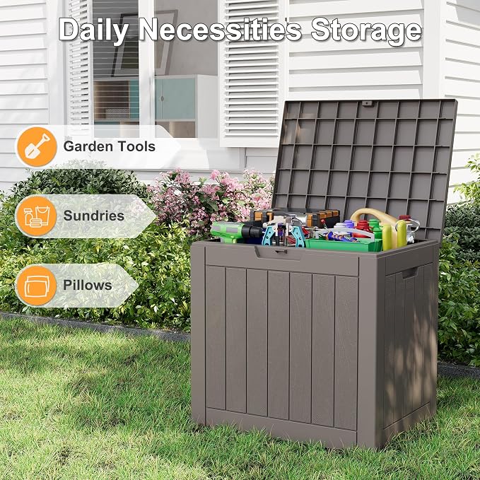 KAMABOKO Deck Box, 32 Gallon Resin Indoor and Outdoor Storage Boxes Waterproof for Garden Tools, Pool Accessories Storage Bench, Patio Furniture and Cushions with Lockable Lid, Grey