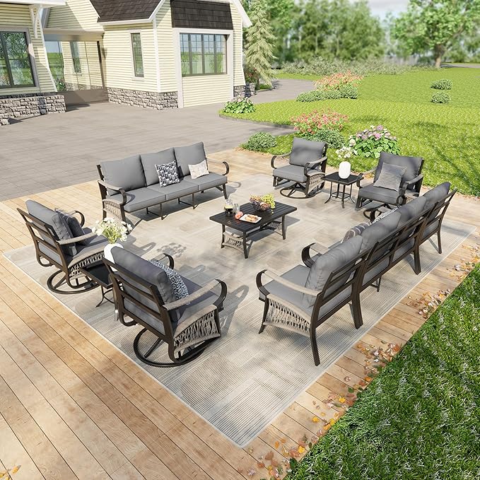 11-Piece Patio Conversation Sets, All Weather Metal Outdoor Furniture Set Includes 3-Seater 4 Swivel Rockers with 2 Side Tables 1 Loveseat with Coffee Table 2 Single Chairs for Backyard Porch, Gray
