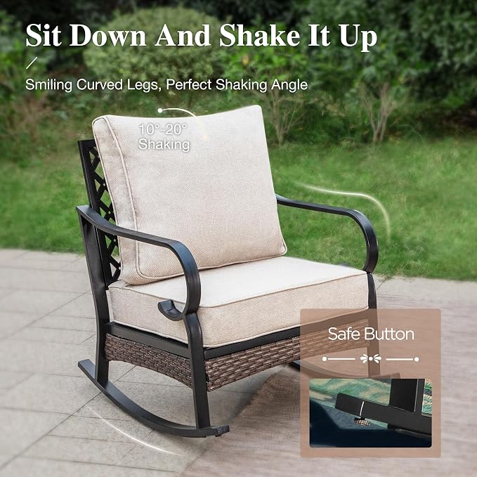HERA'S HOUSE 4 Piece Metal Patio Furniture Set, 2 x Rocking Cushioned Chair, 2-Seat Lover Sofa with Coffee Table, All Weather Outdoor Conversation Set for Lawn Garden Backyard Deck, Beige