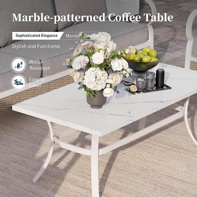 SUNSHINE VALLEY 6 Piece Metal Outdoor Patio Furniture Set, Patio Conversation Sets 1 3-Seater Sofa, 4 Single Sofa with 5.75" Extra Thick Cushion and Coffee Table, White Frame Backyard Furniture, Gray