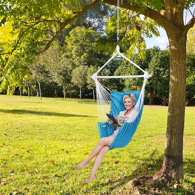 Backyard Expressions Hanging Hammock Chair Swing with Cushions & Hanging Kit – 500 lb Capacity, Cotton Blend Fabric, for Indoor/Outdoor Use – Includes Chain, Hooks & Spring – 5 Colors
