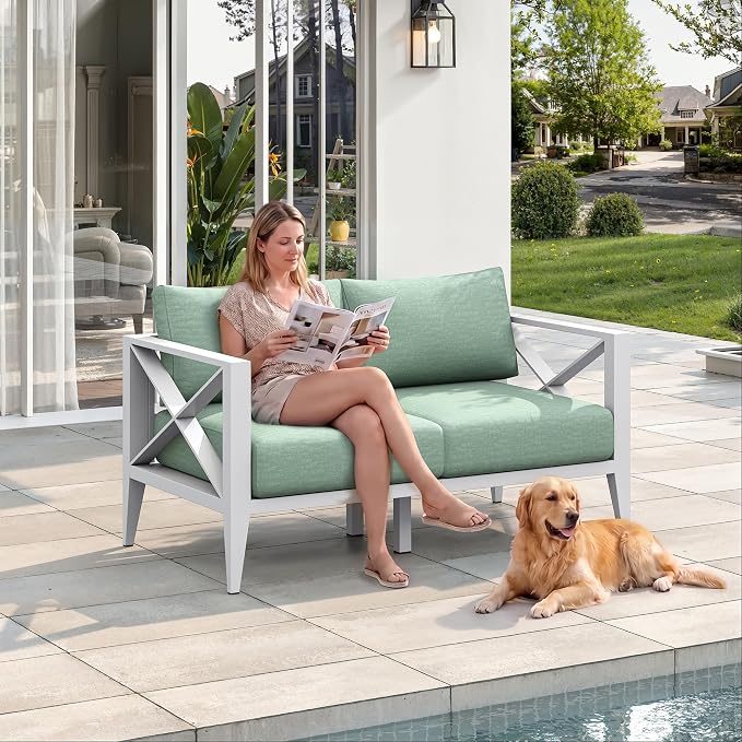 Outdoor Loveseat Patio Sofa with Cushions, Aluminum Patio Furniture Deep Seating Outdoor Couch for Balcony Deck Backyard Garden Conversation Seating