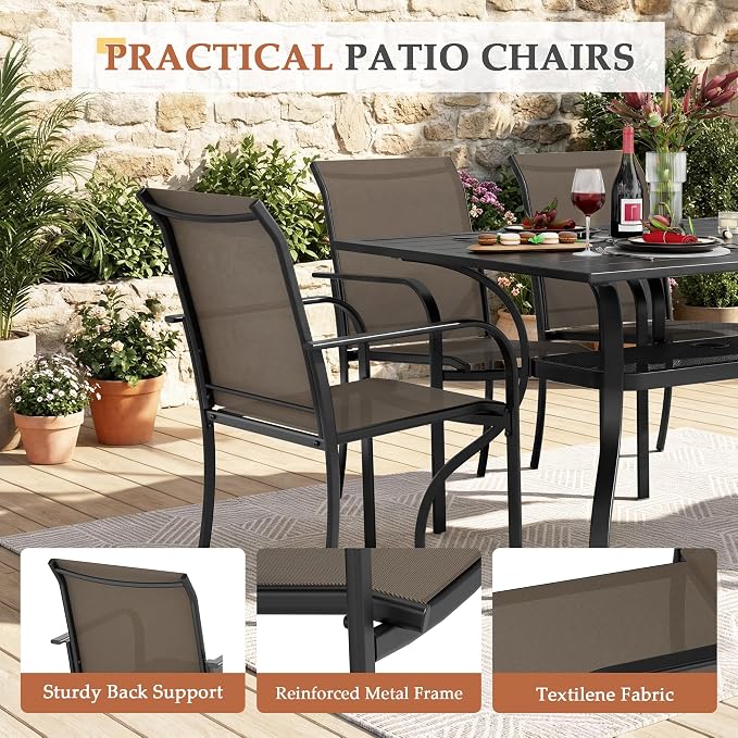 7-Piece Patio Dining Set,6 Person Outdoor Table and Chairs Set, 6 Metal Dining Chairs and Rectangular Outdoor Table with 1.57" Umbrella Hole,Khaki
