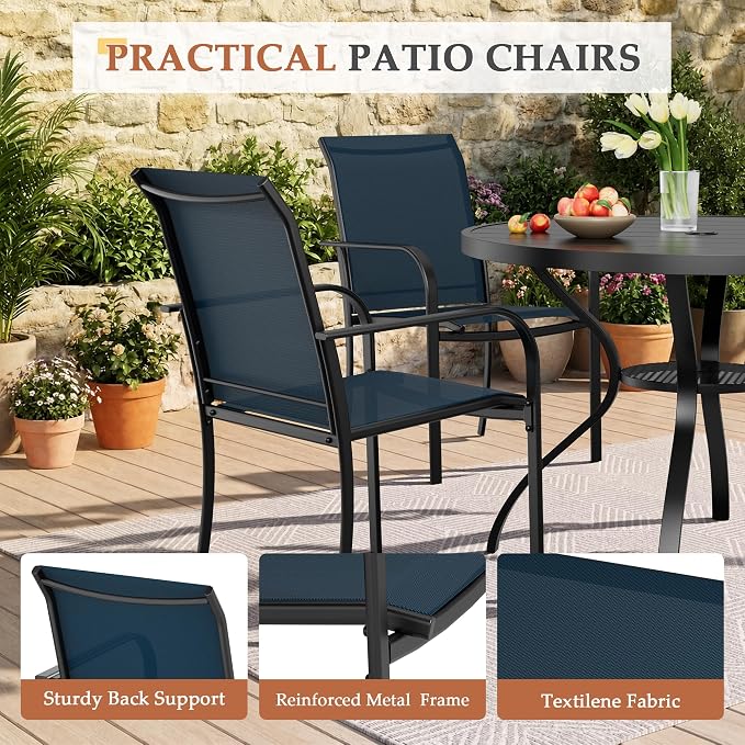 Incbruce 5 PCS Patio Dining Set, Outdoor Dining Set of 4 Textilene Chairs and 41" Round Table with Umbrella Hole for Backyard, Garden, and Poolside (Blue)