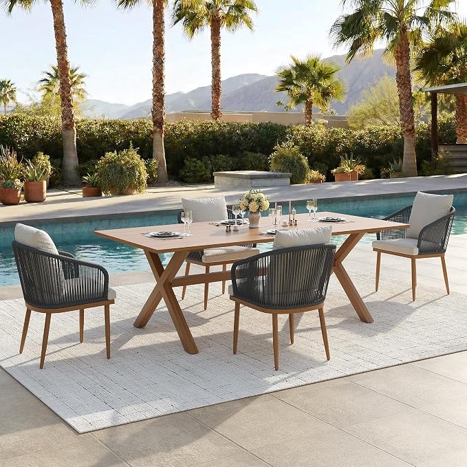 5-Piece Patio Dining Table Sets, Woven Wicker Dining Set with Rectangular Aluminum Table and Dining Chairs Modern Outdoor Dining Furniture Set for Outdoors and Indoors