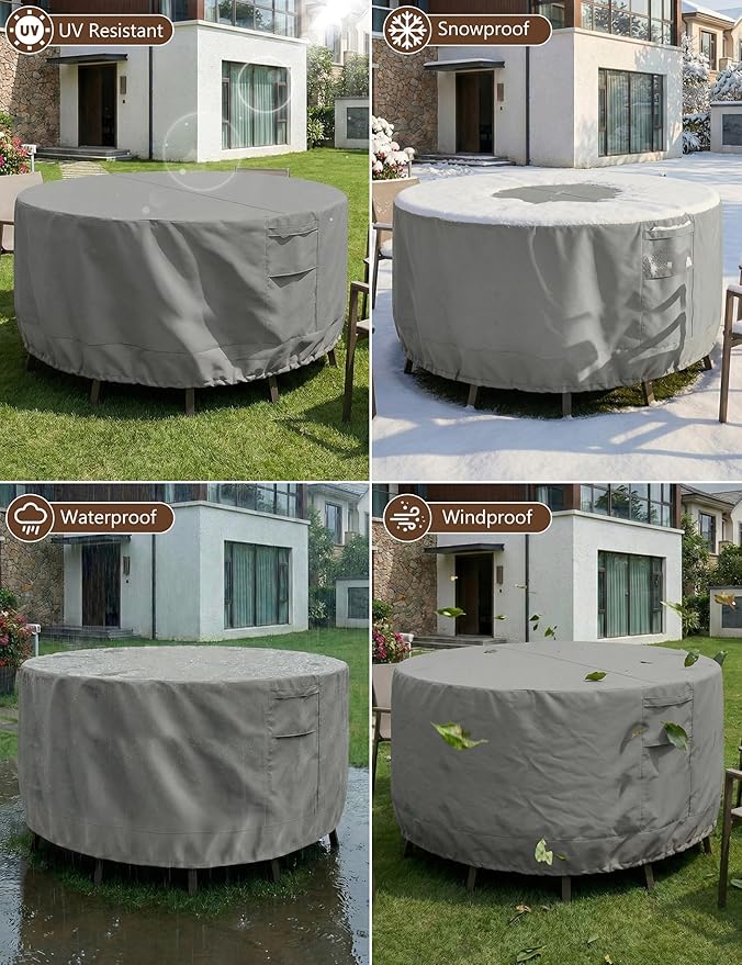 Vailge Round Patio Furniture Covers, 100% Waterproof Outdoor Table Chair Set Covers, Anti-Fading Cover for Outdoor Furniture Set, UV Resistant (Grey, 72"DIAx28"H)