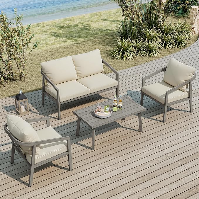 4-Piece Outdoor Sofa Set, Never-Rust Aluminum Patio Conversation Set with Thick Cushions, Outdoor Loveseat, 2 Patio Armchairs and Coffee Table for Outside, Poolside, Deck, Gray Oak