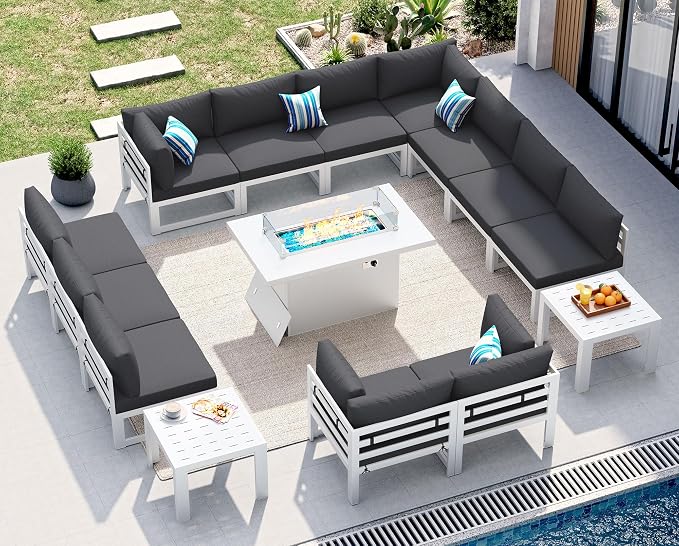NICESOUL 15 Piece Oversized Aluminum Patio Furniture Set, L-Shaped Sectional Sofa with Fire Pit Table Propane/Gas, 500 lbs Heavy Duty Comfortable Poolside Conversation Set with Coffee Table, Dark Gray