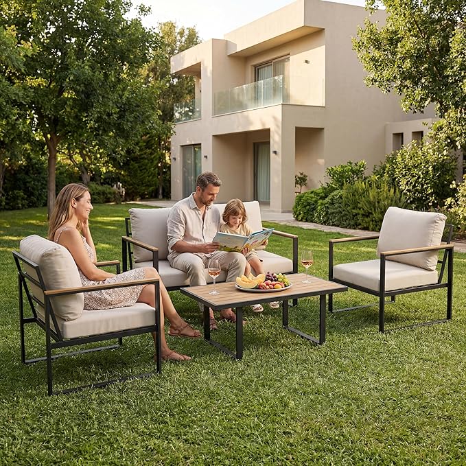 GarveeHome 4-Piece Aluminum Patio Furniture Set with Coffee Table, Outdoor Sectional Conversation Set with Washable High-Resiliency Sponge Cushions, Modern Metal Sofa for Poolside, Deck (Beige)