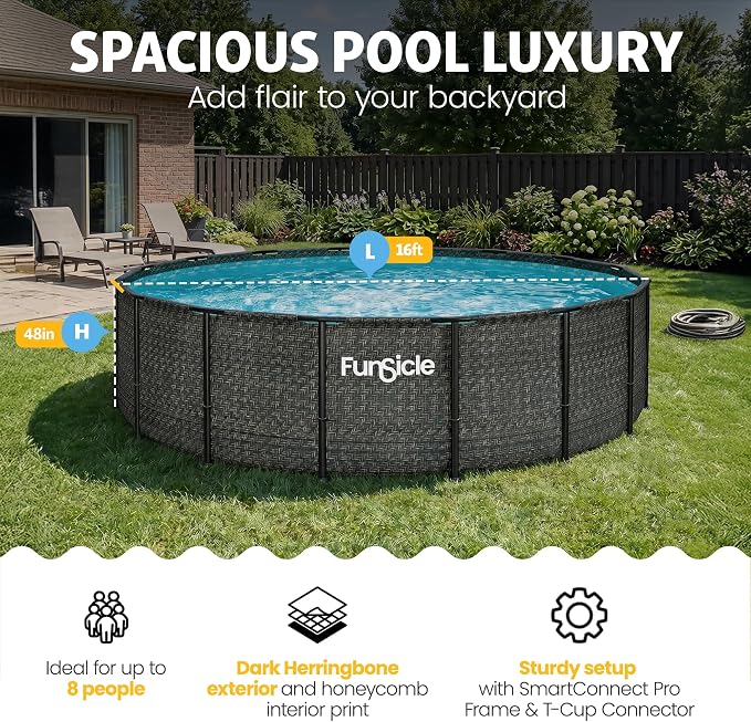 Funsicle Oasis Designer 16' x 48" Round Above Ground Swimming Pool, With FiltraBoost 1800 GPH Filter Pump With AutoSkimmer, Pump, Ladder, Deluxe Maintenance Kit, Cover & Ground Cloth, Dark Herringbone