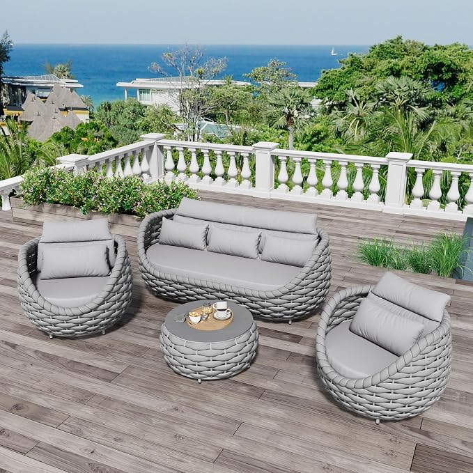 Woven Rope Patio Furniture Set: 4 Pieces Aluminum Outdoor Conversation Sofa Set Assembled - Modern Couch Set Cushioned - All Weather Metal Porch Seating for 5 Person Deck Garden Pool Hotel, Gray