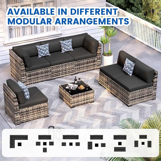 Patio Furniture Sets, 7-Piece Outdoor Patio Furniture with Thick Cushions,Coffee Table Outdoor All-Weather Conversation Set Sectional Sofa for Backyard, Poolside, Garden(Black)