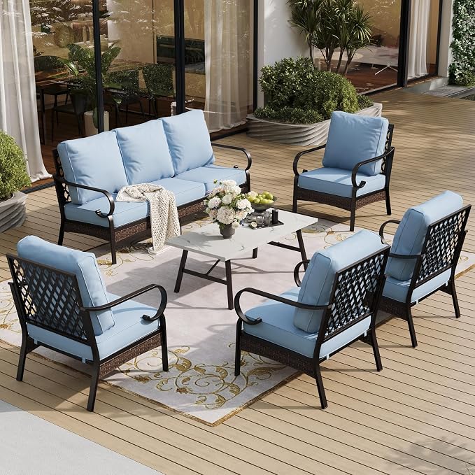 SUNSHINE VALLEY 6 Piece Metal Outdoor Patio Furniture Sets, Patio Conversation Sets 1 3-Seater Sofa, 4 Single Sofa with 5.75" Extra Thick Cushion & Coffee Table, Black Frame Backyard Furniture, Blue