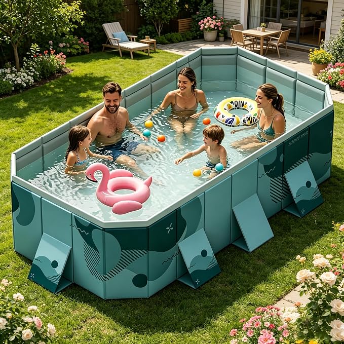Foldable Swimming Pool, Rectangular Above Ground Swimming Pool for Outdoor Family Square Pool with Drain Plug and Drain Hole, Easy to Assemble Pool for Kids, Pets and Dogs(116" L x 65" W)