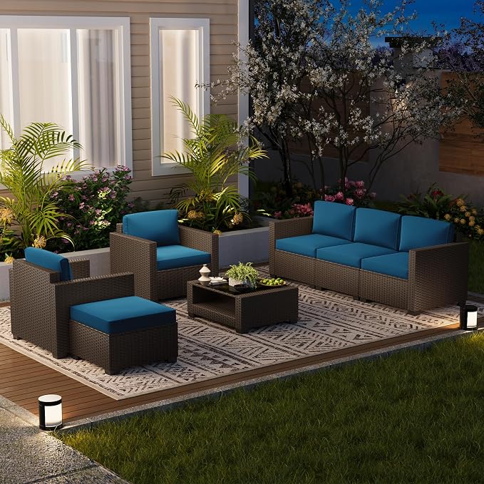 LOUVIXA 7 Piece Outdoor Patio Furniture Set, Rattan Chairs Glass Table Wicker Conversation Seating Sectional Sofa with Cushions (Brown-Peacock Blue, 7Pcs-2 Layer Coffee Table)