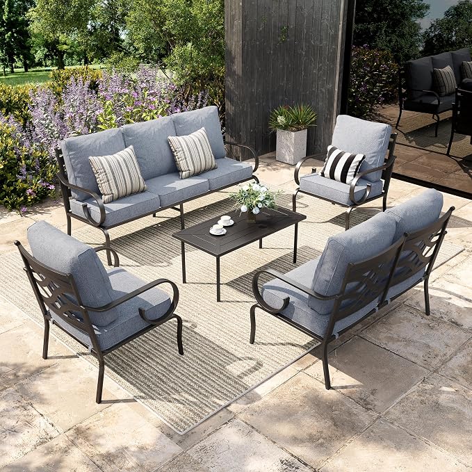 Sophia & William Patio Conversation Set for 7, 1 Loveseat, 3-Seater Sofa, 2 Fixed Chairs and 1 Coffee Table, Metal Outdoor Furniture with 5.75" Extra Thick Cushions, Grey