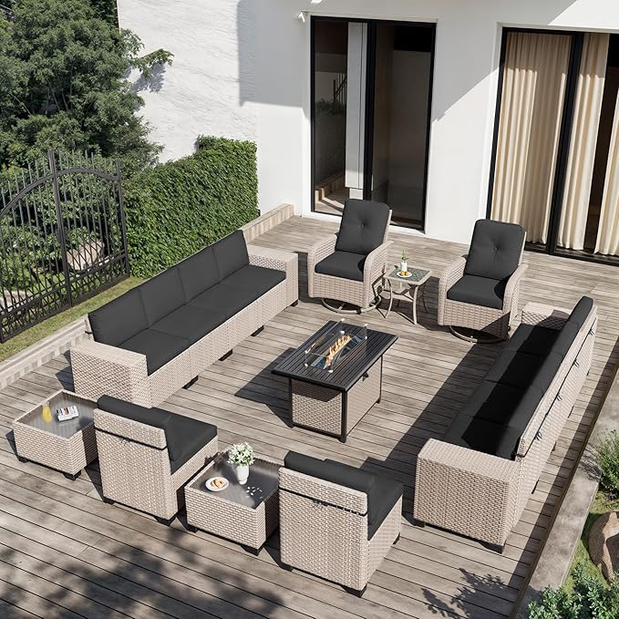 16 Pieces Patio Furniture Set with Fire Pit Table, Outdoor Sectional Wicker Sofa with Thick Cushions, High Back Swivel Rocker Patio Chairs, Rattan Conversation Set with Coffee Table, Black