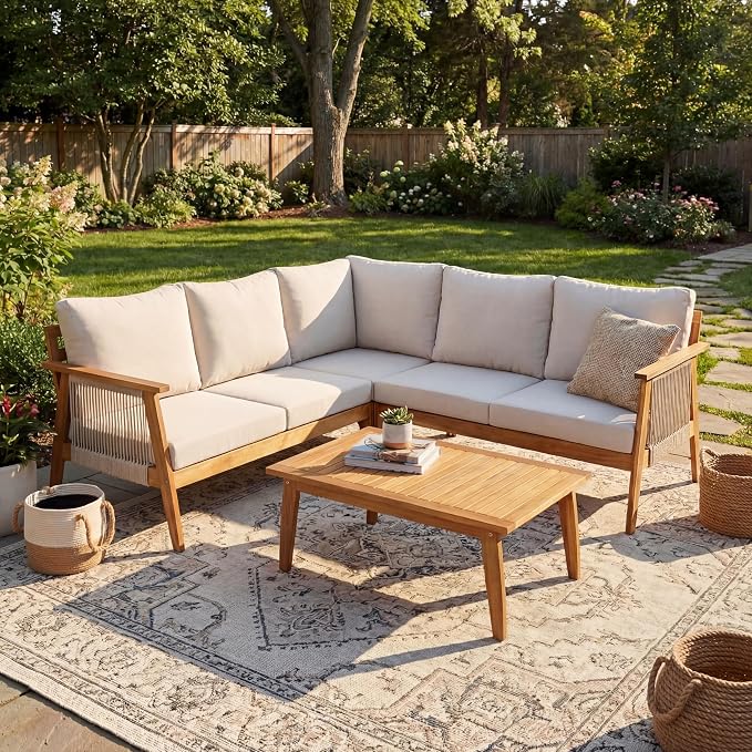 Outdoor 4pc Acacia Wood and Rope Sectional Patio Corner Set