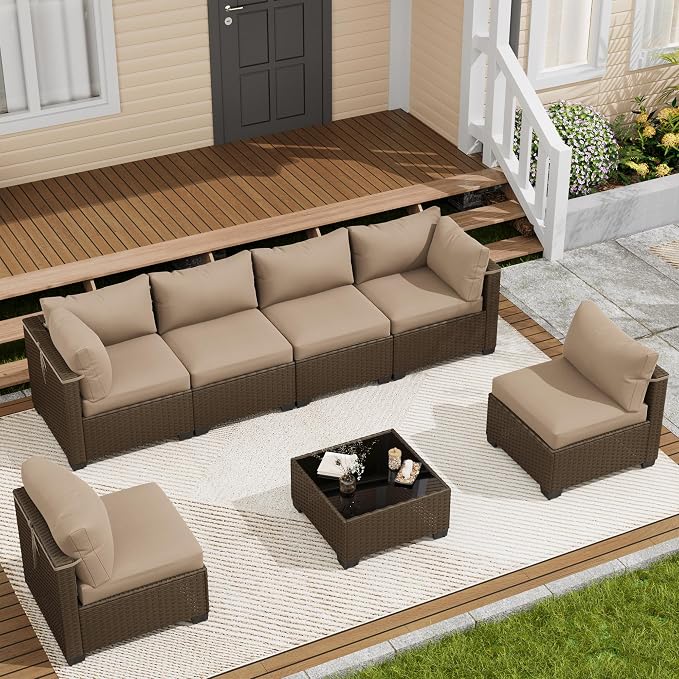 LOUVIXA 7 Piece Outdoor Patio Furniture Set, Outdoor Sectional Sofa, Wicker Rattan Patio Furniture, Patio Conversation Set with Coffee Table & Cushions
