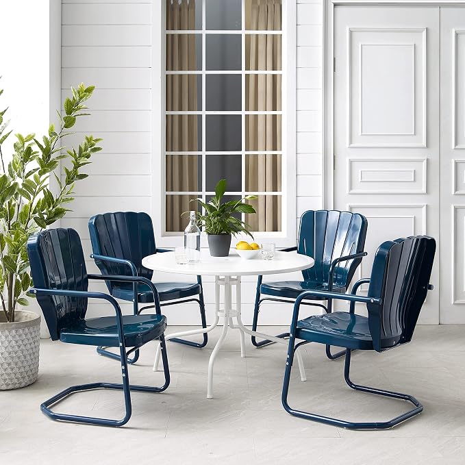 Crosley Furniture Ridgeland 5-Piece Outdoor Dining Set for 4, Retro Metal Round Patio Table and Chairs, Navy Gloss