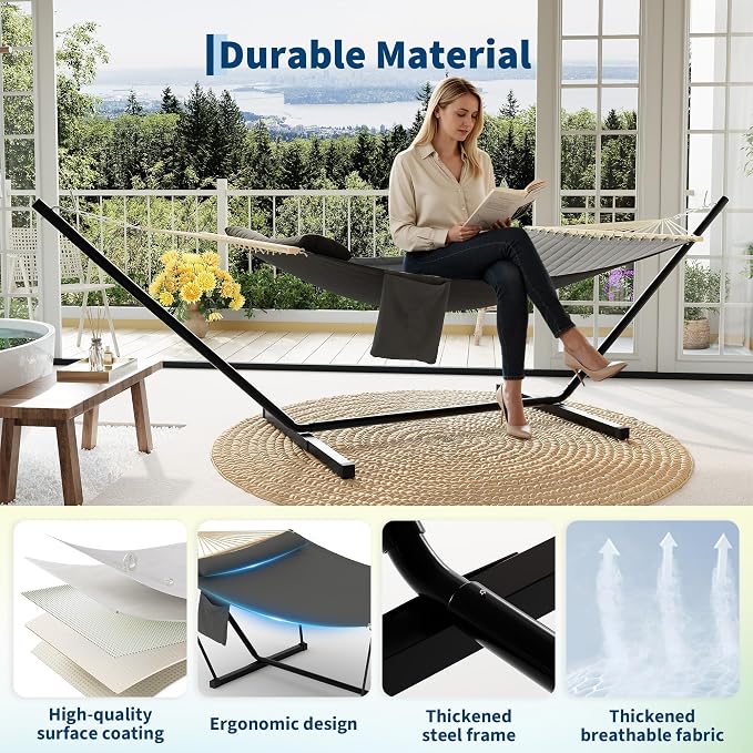 GarveeLife Outdoor Double Hammock with Heavy Duty Adjustable Steel Stand, Portable 2 Person Hammock for Patio Garden Beach Backyard