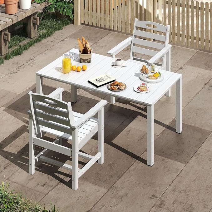 Domi HDPE Outdoor Dining Set, All-Weather 3 Piece Outdoor Dining Table Set with 2" Umbrella Hole, Outdoor Patio Dining Set for Garden, Poolside, Backyard, Deck, White