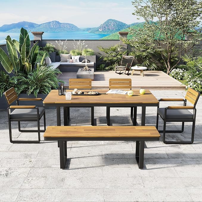 RuiSiSi 6-Piece Outdoor Dining Table Set, Acacia Wood Patio Dining Table Set with 1 Table, 4 Chairs, 1 Bench, Comfortable Cushions and Adjustable Feet for Patio, Garden, Backyard, Grey Cushion