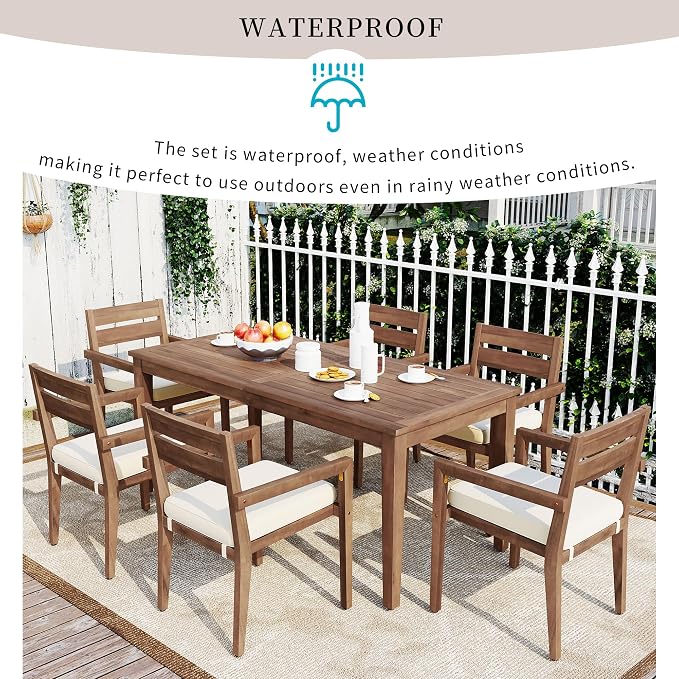 7 Piece Patio Dining Table Set with Removable Cushion, Outdoor Acacia Wood Furniture Set for Garden, Backyard, Lawn, Poolside (A-Burly Wood)