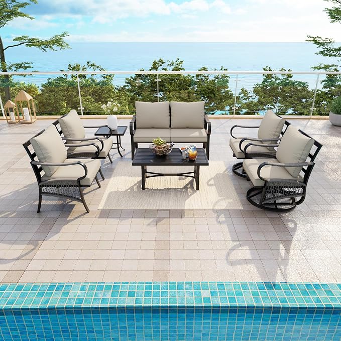 7 Pieces Patio Conversation Sets, All-Weather Metal Swivel Rocking Chairs with Rope Furniture Set, Outdoor Sofa Couch for Deck, Porch, Garden, Backyard, Poolside (Beige Cushions)