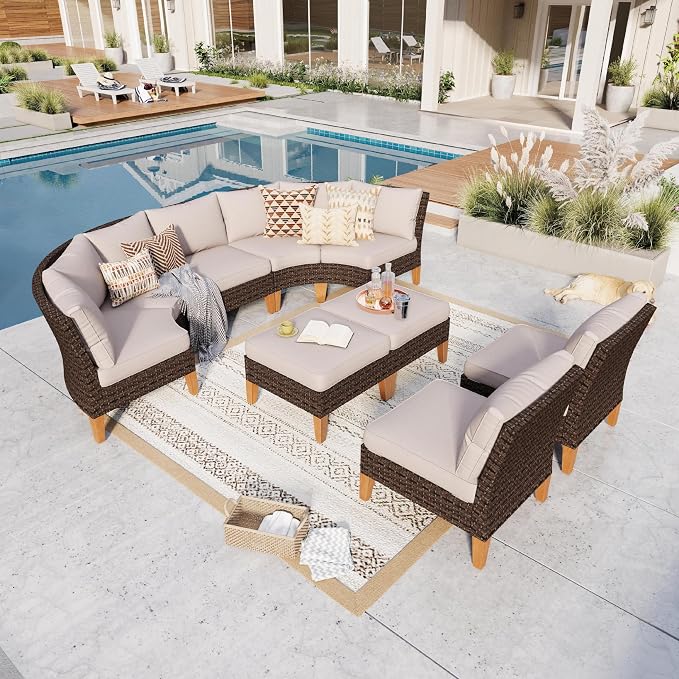 GREEN PARTY 9 Pieces Wicker Patio Furniture Set, All-Weather Outdoor Rattan Half-Moon Curved Patio Sectional Sofa Conversation Set with 4" Thick Cushions for Garden, Backyard, 2 x Ottomans