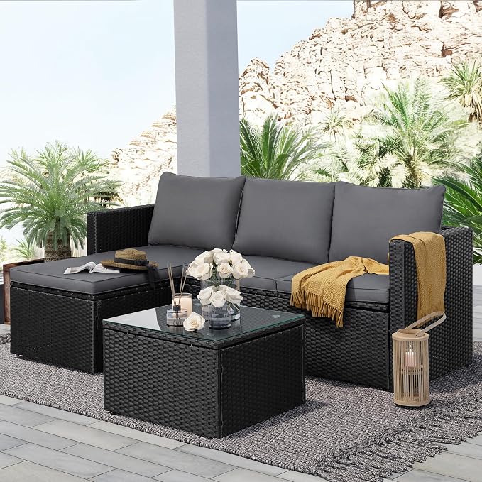 SUNLEI Patio Furniture Set with Detachable Soft Cushions, Outdoor PE Rattan Patio Conversation Sofa Set, 3-Piece Patio Sectional Sofa with Glass Coffee Table, Black Rattan/Royal Grey